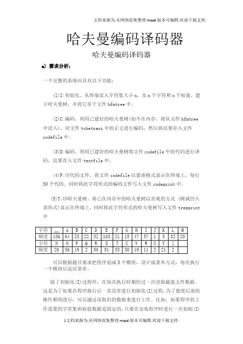 数据结构课程设计哈夫曼编码译码器