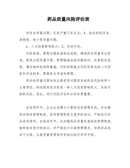 药品质量风险评估表