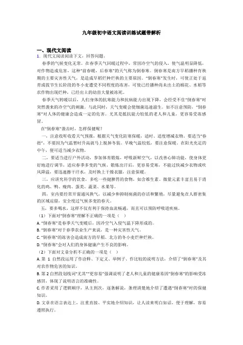 九年级初中语文阅读训练试题带解析