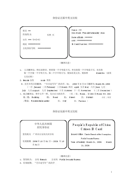 (完整版)身份证件英文翻译模板