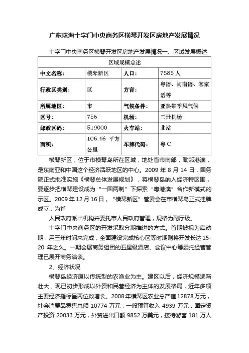 广东珠海十字门中央商务区横琴开发区房地产发展情况