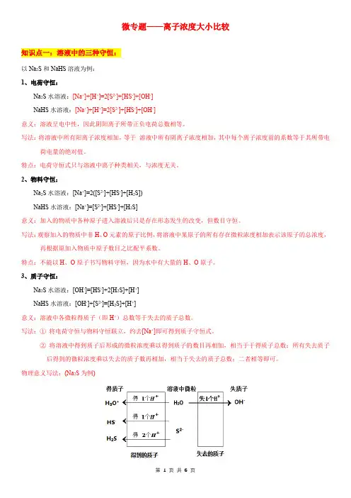 微专题——离子浓度大小比较(教师版)