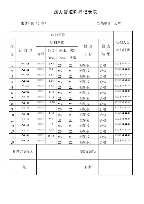 压力管道吹扫记录表