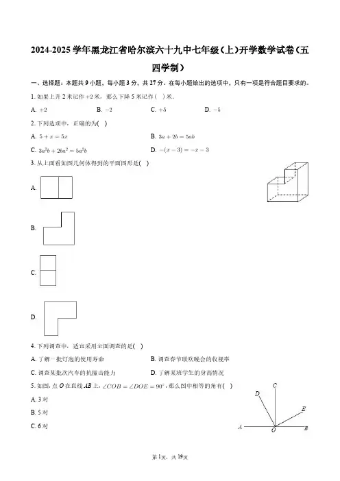 2024-2025学年黑龙江省哈尔滨六十九中七年级(上)开学数学试卷(五四学制)+答案解析