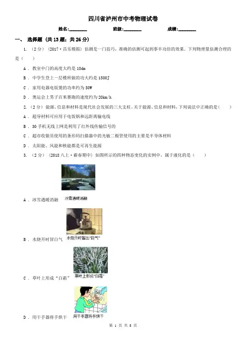 四川省泸州市中考物理试卷 