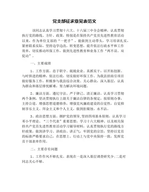 党支部征求意见表范文