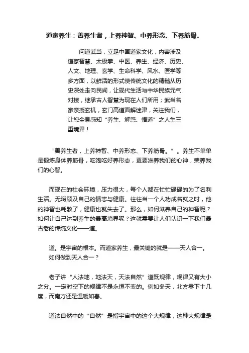道家养生：善养生者，上养神智、中养形态、下养筋骨。
