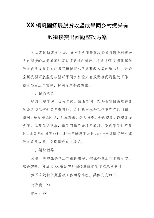 XX镇巩固拓展脱贫攻坚成果同乡村振兴有效衔接突出问题整改方案