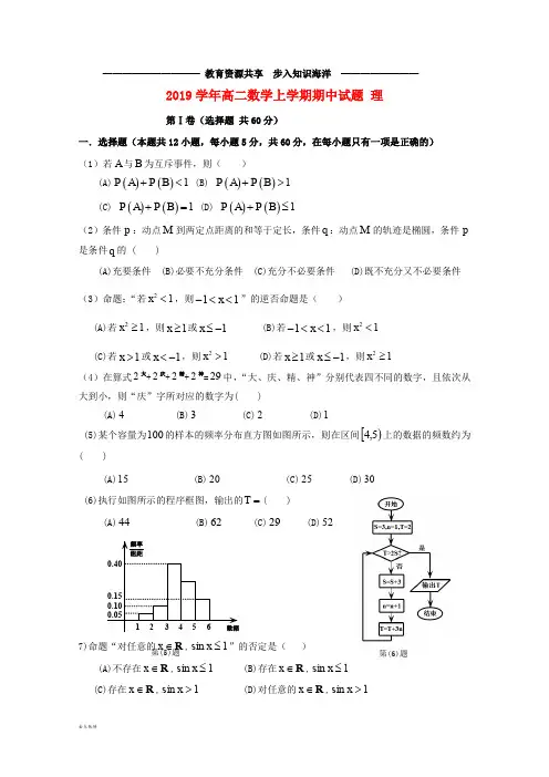    高二数学上学期期中试题 理新 版 新人教版