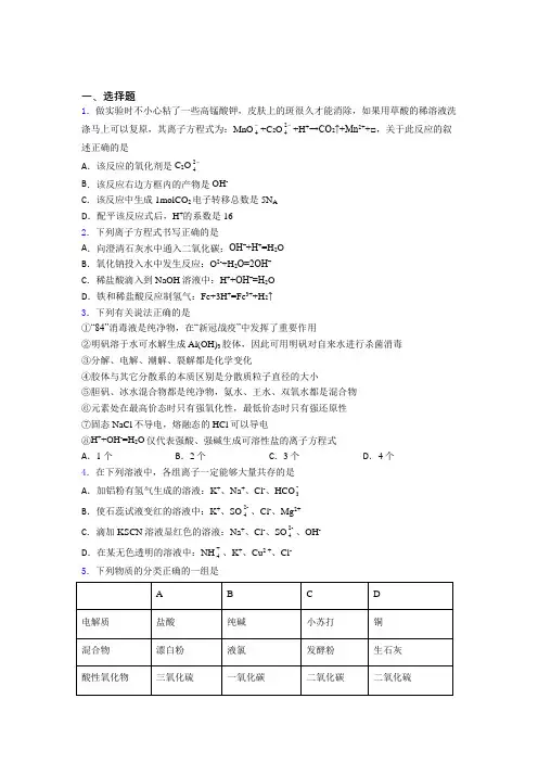 成都市棕北中学(科院校区)高中化学必修一第一章《物质及其变化》经典练习题(答案解析)