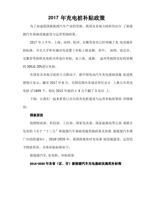 2017年已出台的充电桩补贴政策