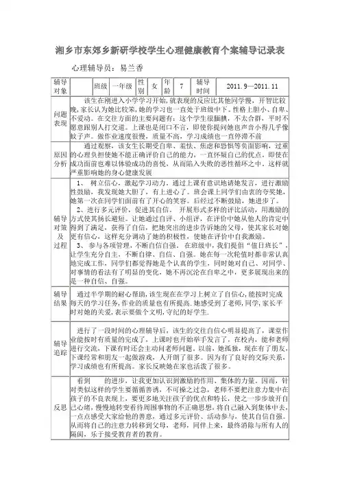 东郊乡新研学校学生心理健康教育个案辅导记录表一年级