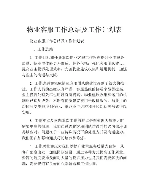 物业客服工作总结及工作计划表