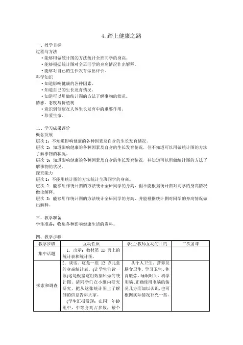 苏教版六年级科学下册教学设计 1-4踏上健康之路教案