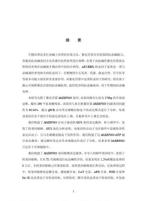 紫花苜蓿MsERF003基因的克隆及其在碳酸盐胁迫响应中的功能分析