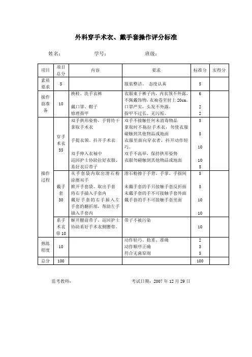 外科洗手、穿手术衣操作评分标准