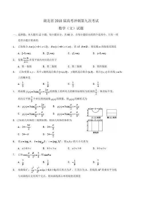 湖北省2018届高考冲刺第九次考试数学(文)试题Word版含答案