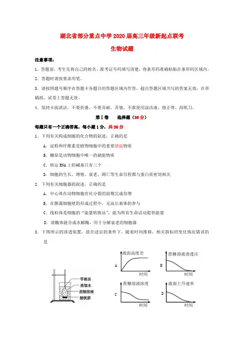 湖北省部分重点中学2020届高三生物新起点联考考试试题