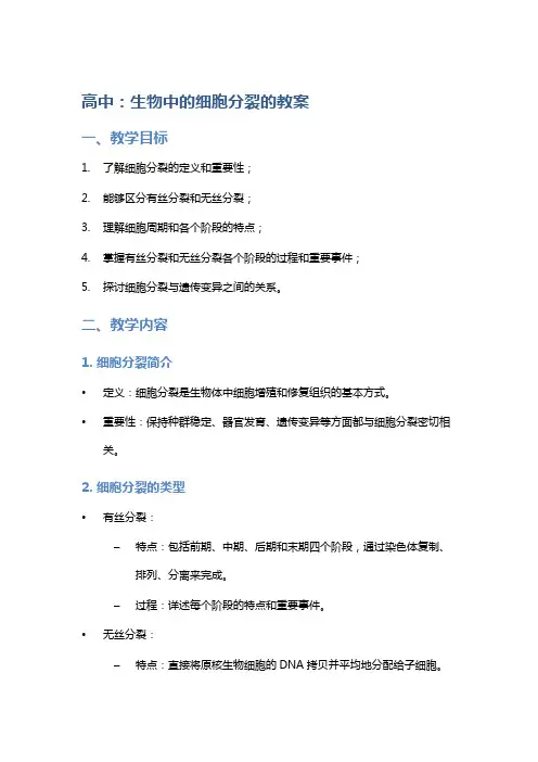 高中：生物中的细胞分裂的教案