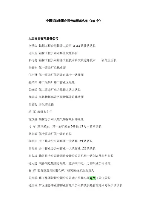 中国石油集团公司劳动模范名单