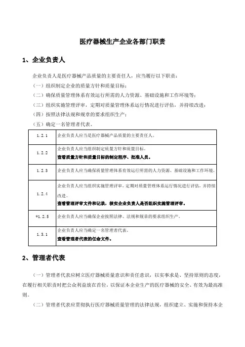 医疗器械生产企业各部门职责