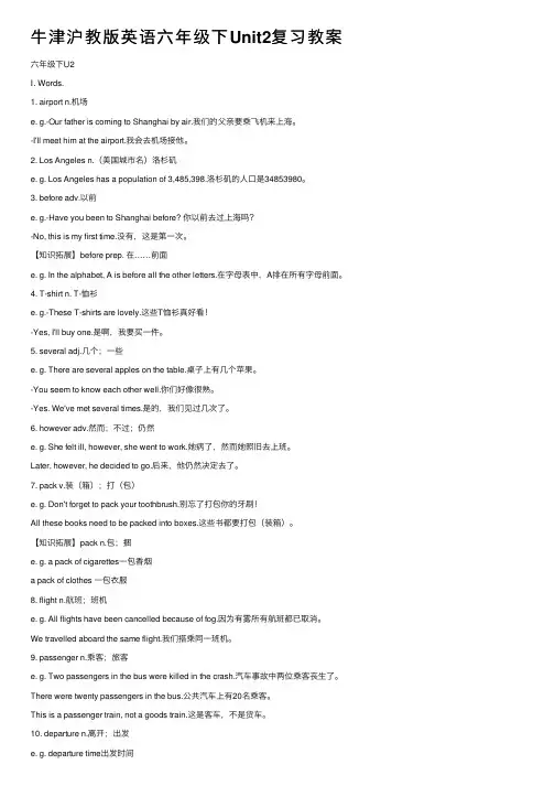 牛津沪教版英语六年级下Unit2复习教案