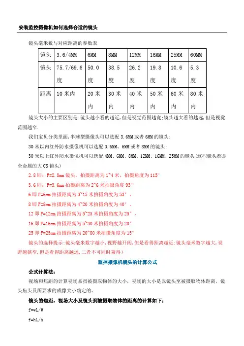 镜头毫米数与对应距离的参数表