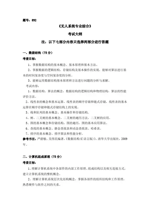 2022年硕士初试自命题大纲892无人系统专业综合