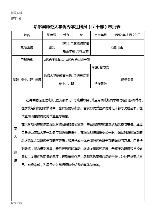 (整理)优秀团干部团员申报表.
