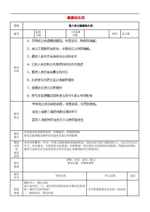 人教初中生物八下《健康地生活》教案