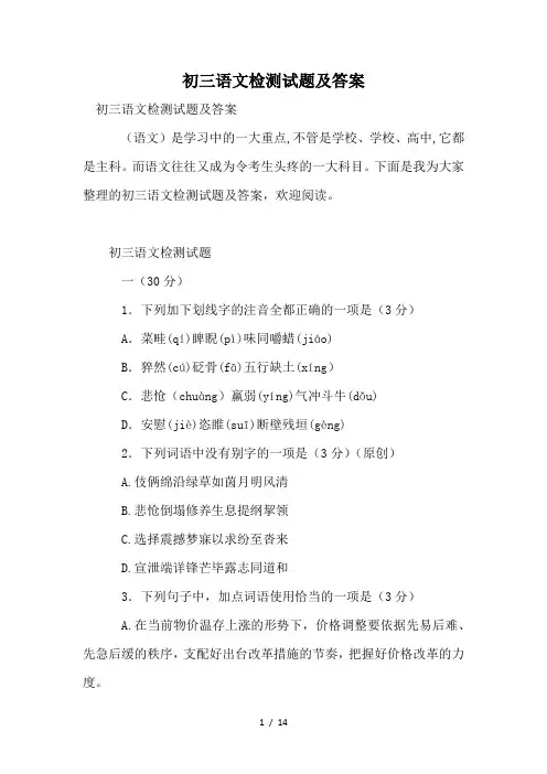 初三语文检测试题及答案