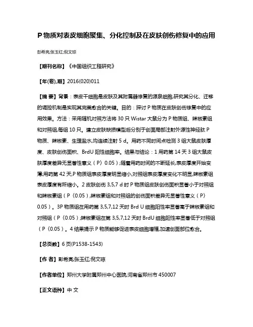 P物质对表皮细胞聚集、分化控制及在皮肤创伤修复中的应用