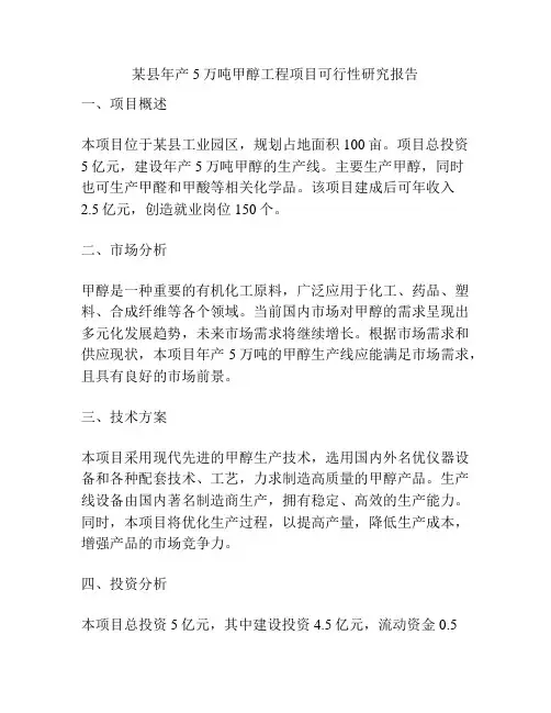 某县年产5万吨甲醇工程项目可行性研究报告