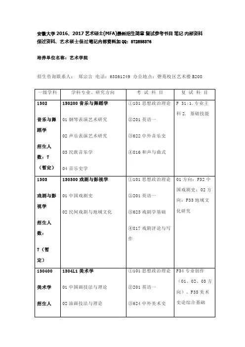 安徽大学2016、2017艺术硕士(MFA)最新招生简章 复试参考书目 笔记 内部资料 保过资料.docx