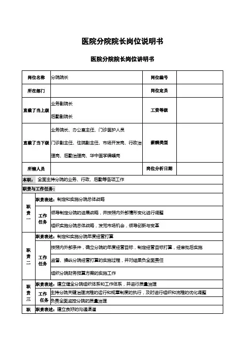 医院分院院长岗位说明书