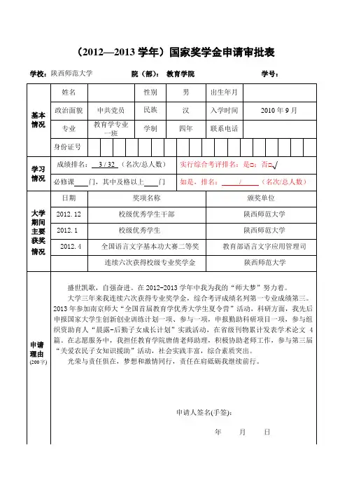 国家奖学金申请审批表及内容