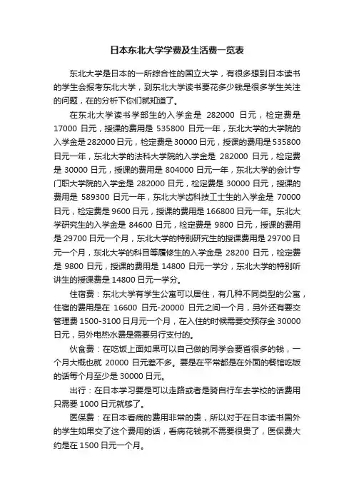 日本东北大学学费及生活费一览表