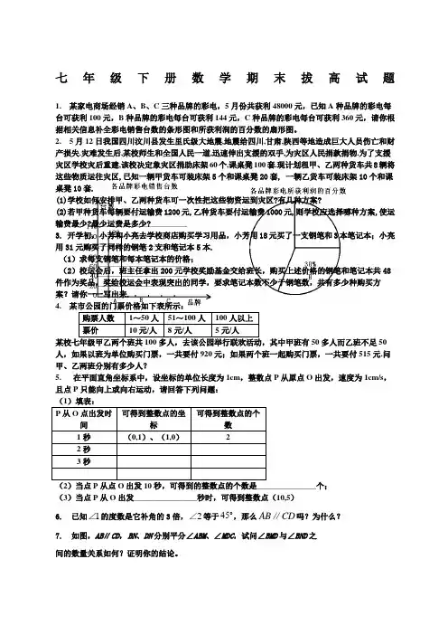 七年级下册数学期末拔高试题