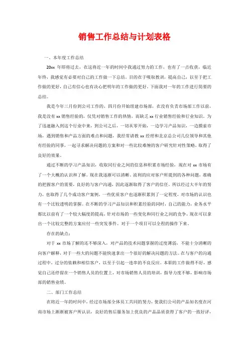 销售工作总结与计划表格