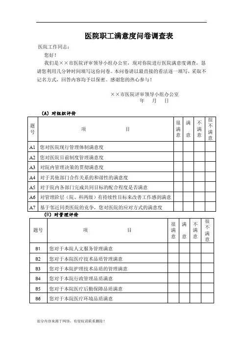 医院职工满意度问卷调查表
