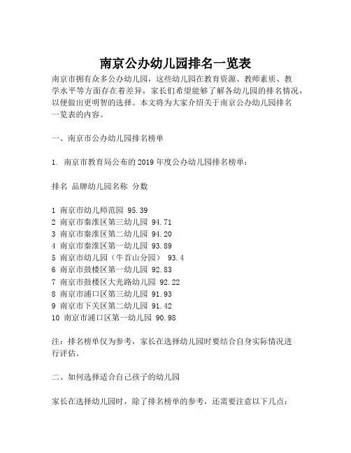 南京公办幼儿园排名一览表