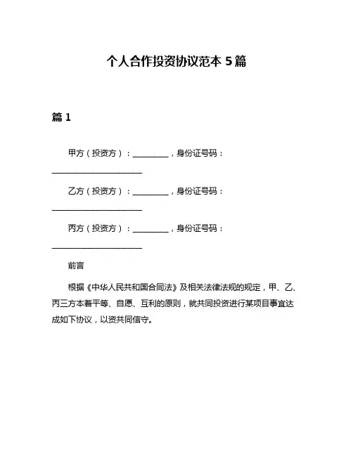 个人合作投资协议范本5篇