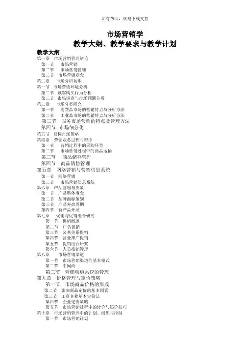 市场营销学教学大纲、教学要求与教学计划
