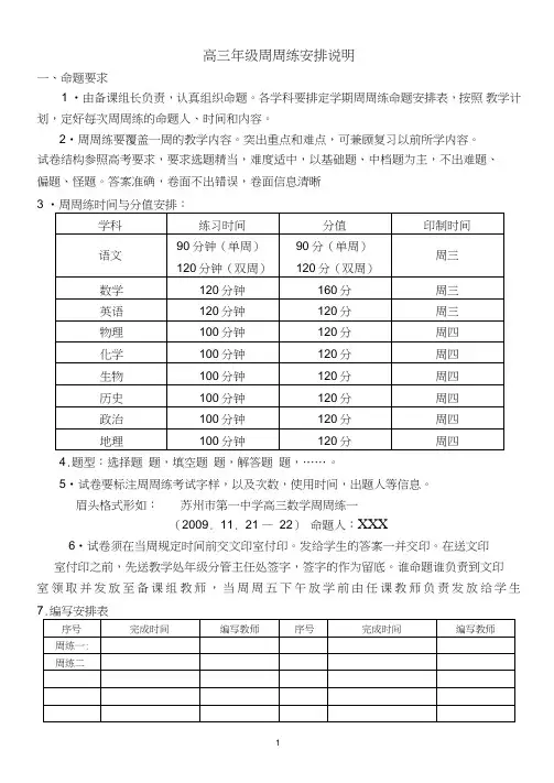 高三年级周周练安排说明