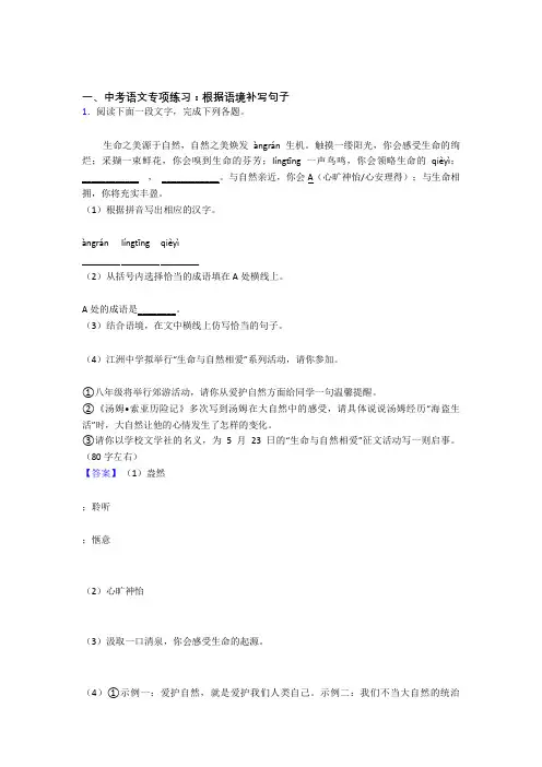 新人教版中考语文根据语境补写句子练习题及答案