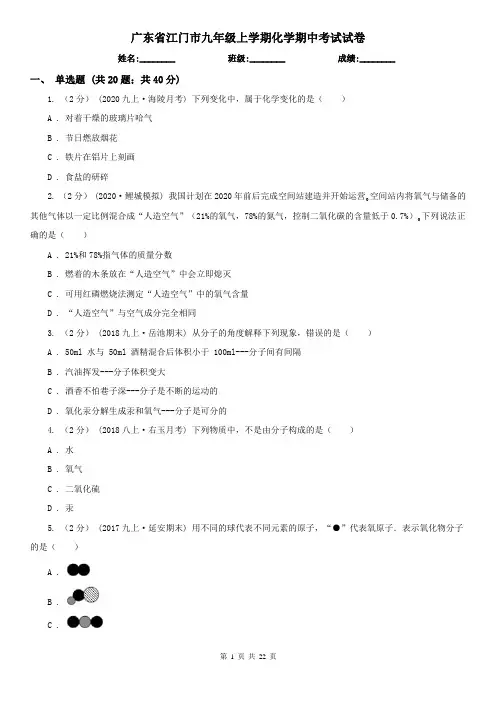 广东省江门市九年级上学期化学期中考试试卷