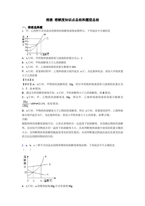 溶液 溶解度知识点总结和题型总结