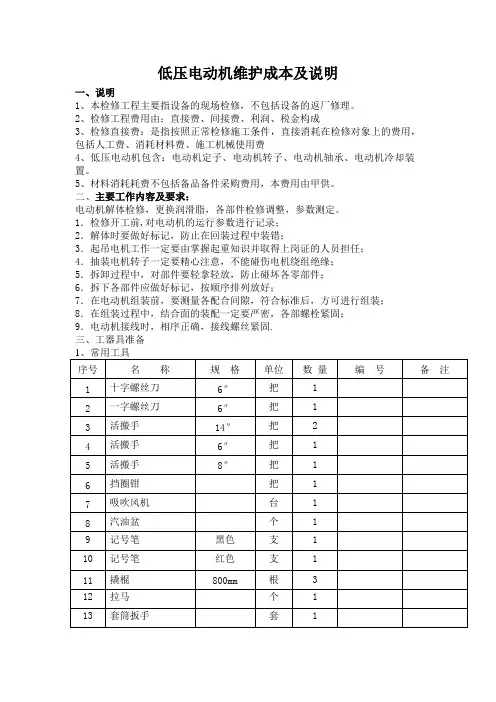 低压电机检修定额