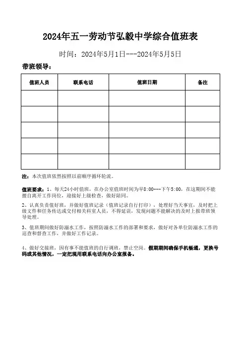 2024年五一劳动节弘毅中学综合值班表