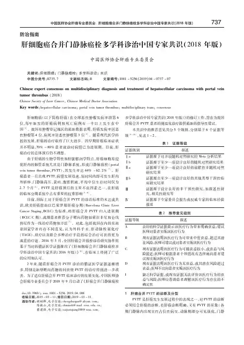 肝细胞癌合并门静脉癌栓多学科诊治中国专家共识(2018 年版) 中国医师协会肝癌专业委员会